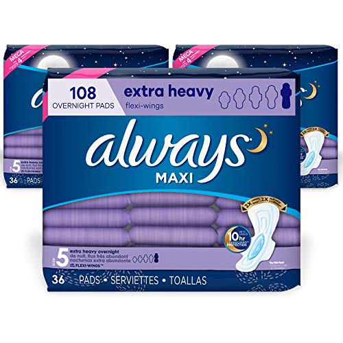 Always Maxi Feminine Pads with Wings for Women, Size 5, Extra Heavy Overnight, Unscented, 36 Count - Pack of 3 (108 Count Total)