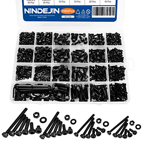 NINDEJIN M2 M3 M4 M5 Alloy Steel Socket Head Cap Screws Nuts Set 1060pcs Carbon Steel Screws Assortment Kit