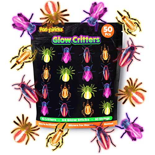PartySticks Glow Critters 50pk Glow in The Dark Bug Toys and Glow Sticks - 2.5 Inch Fake Bugs Party Favors, Glow in The Dark Halloween Party Decorations with 16 Fake Bugs and 34 Mini Glow Sticks