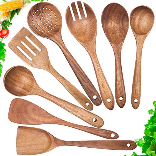 Wooden Spoons for Cooking,Mondayou Nonstick Kitchen Utensil Set,Wooden Spoons Cooking Utensil Set Non Scratch Natural Teak Wooden Utensils for Cooking(Teak 8 Pack)