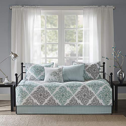 Madison Park Claire Daybed Size Quilt Bedding Set - Aqua, Grey , Leaf Geometric – 6 Piece Bedding Quilt Coverlets – Ultra Soft Microfiber Bed Quilts Quilted Coverlet