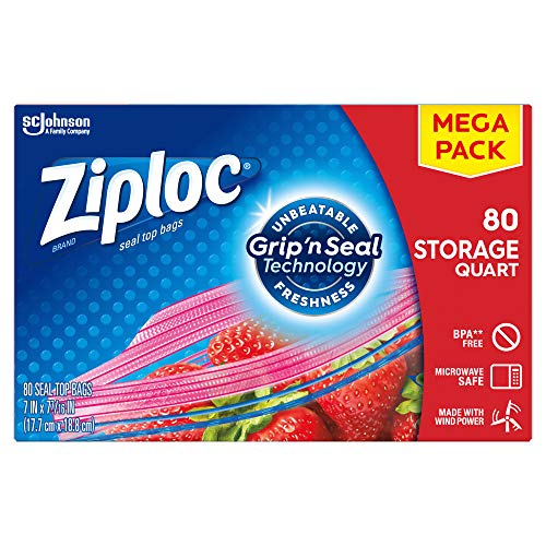 Ziploc Storage Bags with New Grip 'n Seal Technology, For Food, Sandwich, Organization and More, Quart, 80 Count