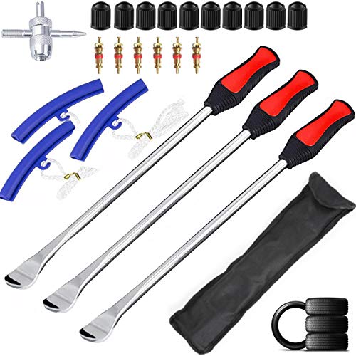 YINGJEE 14.5inch Tire Spoons Motorcycle, Dirt Bike Tire Spoon Set, Professional Tire Changing Spoons Lever Iron Tool Kit with Durable Bag & 3 Tire Irons & 2 Rim Protectors & 1 Valve Core and Caps Set