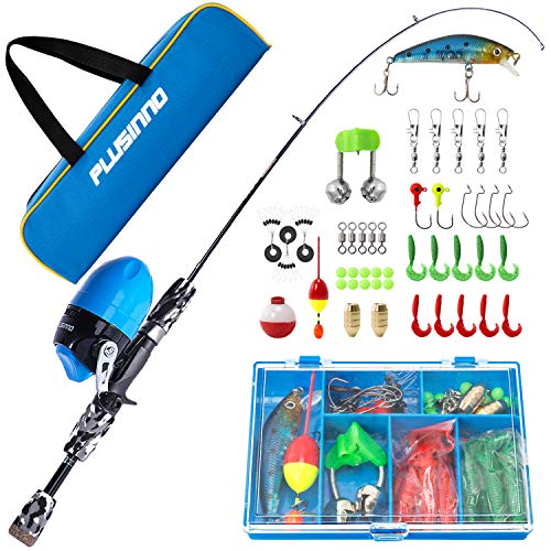 PLUSINNO Kids Fishing Pole with Spincast Reel Telescopic Fishing Rod Combo Full Kits for Boys, Girls, and Adults(Black, 120cm 47.24In)