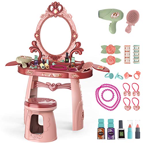 Meland Toddler Vanity Set - Kids Toy Vanity Table for Little Girls with Sound and Light Mirror and Beauty Accessories, Birthday Toys for Little Princess Pretend Play