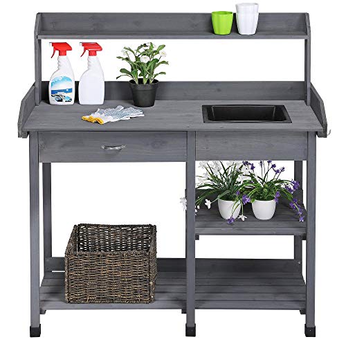 Topeakmart Potting Benches Tables Garden Potters Work Bench Station Planting Bench Solid Wood Outdoor Gray 45.2 x 17.7 x 47.6” (L x W x H)
