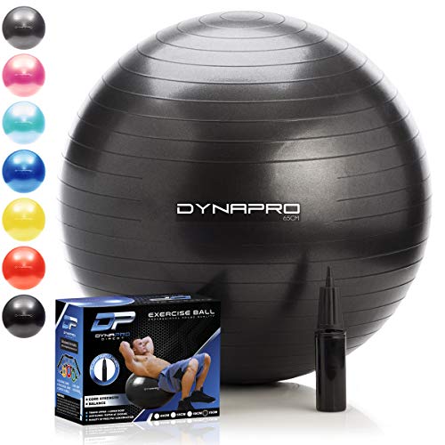 DYNAPRO Exercise Ball – Extra Thick Eco-Friendly & Anti-Burst Material Supports Over 2200lbs – Stability Ball for Home, Gym, Chair, Birthing Ball (Black, 65 Centimeters)