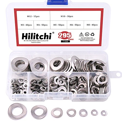 Hilitchi 295-Pcs 304 Stainless Steel Spring Wave Washer Gasket Assortment Kit - Size Include: M3 M4 M5 M6 M8 M10 M12