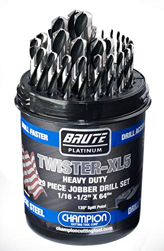 Champion Cutting Tool Brute Platinum Twister-XL5 29 Piece 1/16'-1/2' x 64ths HSS Jobber Drill Bit Set-135 Deg Split Point, Water Resistant Index-MADE IN USA