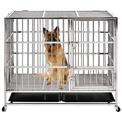 petgroomingtable Heavy Duty Dog Crate Strong Stainless Steel Kennel and Crate for Large Dogs, Easy to Assemble with Four Wheels