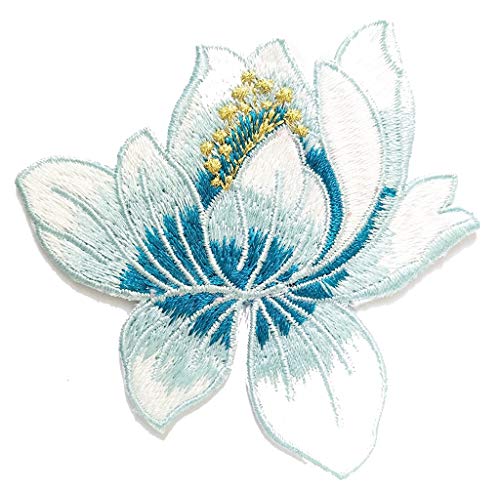 PP Patch Beautiful Embroidered Snow Blue Lotus Flower Buddhism Guanyin Hindu Yoga Peace Iron on Patch Sew on Applique Badge Bag Fabric DIY