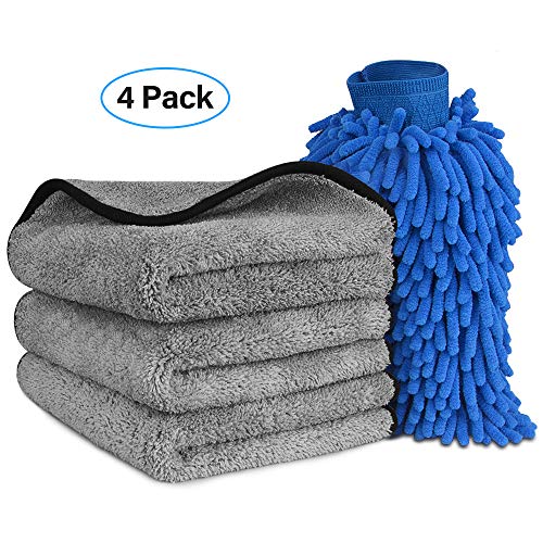 Microfiber Car Wash Towels Mitt Kit - Super Absorbent Microfiber Cleaning Towels Lint Free, Premium Professional Soft Microfiber Towels and Wash Mitt for Car/Windows/Screen/Tire (3 Towels + 1 Mitt)