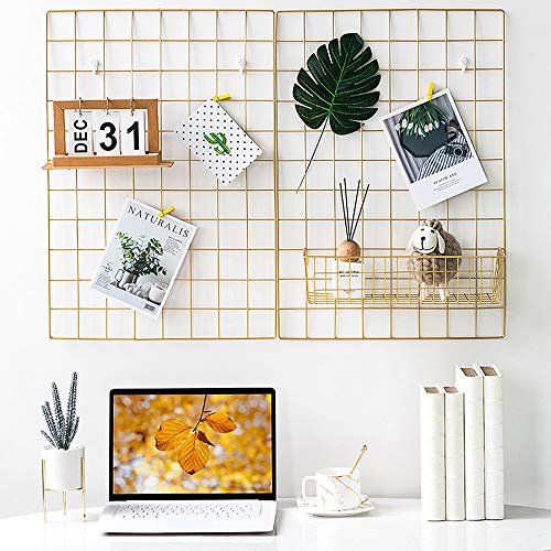BULYZER Grid Wire Board,for Memo Picture Panel Wall Decoration for Room Office Mat Photo Hanging Art Display Frames Desk Storage Organizer,25.6'' x 17.7‘’(2Pack) (Gold)