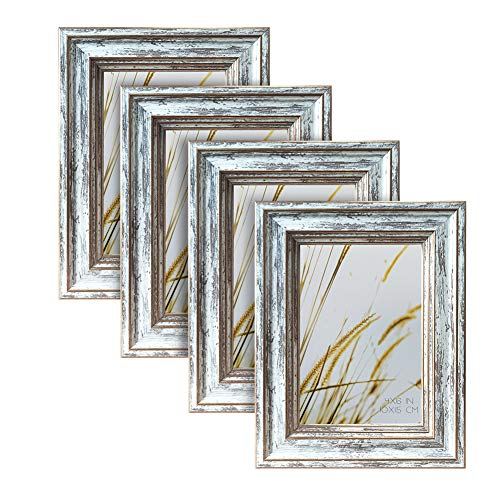 ArtbyHannah 4 x 6 inch 4 Pack Rustic Picture Frame Set in Distressed White with High Definition Glass for Table Top Display and Wall Mounting Photo Frame for Farmhouse or Home Decoration