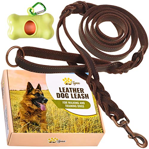 Leather Dog Leash 6 ft x 3/4' - Double Handle Dog Leash - Traffic Handle for Extra Control - Soft and Strong Braided Leather Lead for Large and Medium Dogs (Double Handle 6 foot x 3/4', Brown)