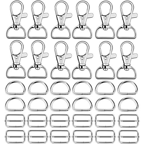 Hysagtek 60 Pcs Metal Keychain Bulk - Swivel Snap Hooks, D Ring and Slide Buckle Triglide for Handbag Purse HardwareFasteners, Strap, Backpack DIY Craft Accessories, 1 Inch, Silver