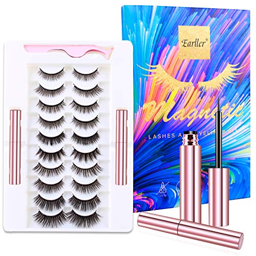 EARLLER Reusable Magnetic Eyelashes with Eyeliner Kit,10 Pairs Natural Look False Lashes with Applicator - Easy to Apply and No Glue Needed, 3D & 5D Short and Long Eyelashes Set