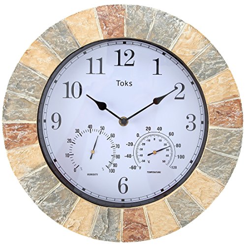 Lily's Home Hanging Wall Clock, Includes a Thermometer and Hygrometer and is Ideal for Indoor and Outdoor Use, Wonderful Housewarming Gift for Friends, Faux-Stone (14 Inches)