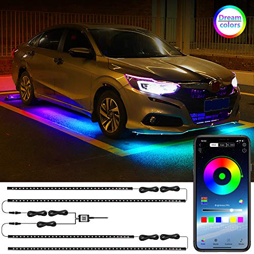 LEDCARE Car Underglow LED Lights, Dream Color Chasing Strip Lights with Wireless APP Control, Exterior Car Neon Accent Lights Kit with 16 Million Colors Sync to Music, DC 12-24V (2×47inch+2×35inch)