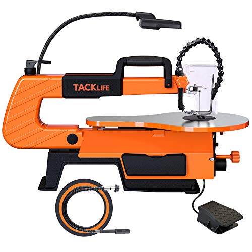 TACKLIFE Scroll Saw With Rotary Tool, TACKLIFE 16-inch, 500-1700 SPM Unique Pedal Switch, Variable Speed Scroll Saw, 4 Blades, Double Parallel Link Arms, Cast Aluminium Base, Work lamp