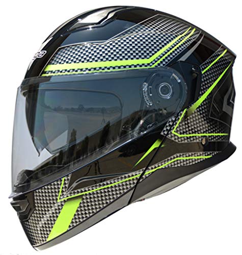 Vega Helmets Unisex-Adult Modular Motorcycle & Snowmobile Helmet 30% Larger Shield and Sunshield (Caldera Hi-Vis Green Graphic, Large)