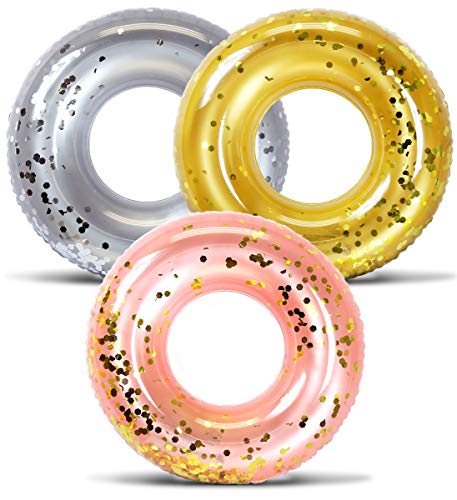 Mozlly Bundle of Silver, Gold, Rose Gold Inflatable Pool Float Tubes Set of 3 - Premium Confetti Swim Rings (36'), Vinyl Water Tube, Fun Pool Toys for Beach, Lake, Party, Vacation, Decor - 3 Pack