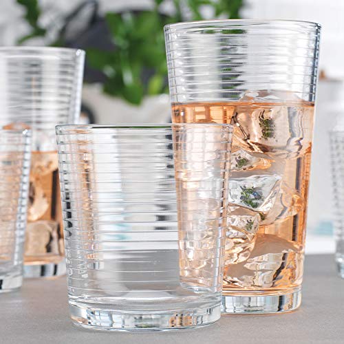 Set of 16 Heavy Base Ribbed Durable Drinking Glasses Includes 8 Cooler Glasses (17oz) and 8 Rocks Glasses (13oz), Clear Glass Cups - Elegant Glassware Set