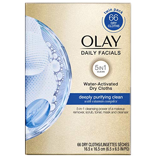 Olay Daily Facials, Deeply Purifying Clean, 5-in-1 Cleansing Wipes with Power of a Makeup Remover, Scrub, Toner, Mask and Cleanser, 66 count