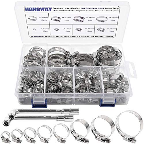 HongWay Hose Clamp Stainless Steel Assortment 78Pcs Adjustable Range 1/4-2 in(6-51mm), 304 Stainless Steel Hose Clamp with 2Pcs Socket Wrench, for Plumbing, Automotive and Mechanical Application