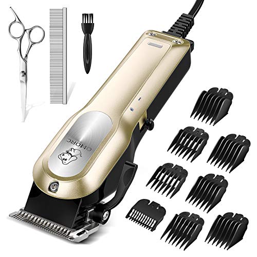OMORC Dog Grooming Kit, Professional High Power Dog Clippers for Thick Heavy Coats Low Noise Heavy Duty Dog Grooming Clippers Pet Clippers Trimmer with 8 Comb Guides Scissors Small & Large Dog Cat Pet