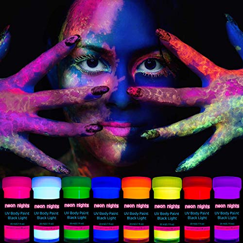 neon nights 8 x UV Body Paint Set | Black Light Glow Makeup Kit | Fluorescent Face Paints for Halloween Blacklight Bodypainting