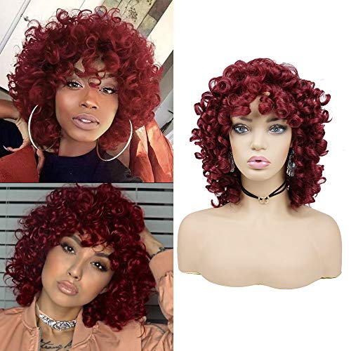 Short Afro Curly Synthetic Hair Wigs for Black Women Phoenixfly African Loose Curly Fluffy Shoulder Length Natural Looking Hair Wigs Heat Resistant Hair Replacement Wigs with Wig Caps