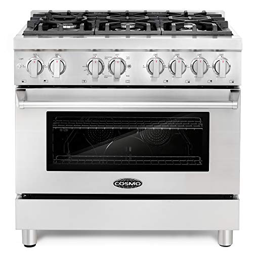 Cosmo COS-DFR366 Freestanding Professional Style Dual Fuel Range with 4.5 cu. ft. Electric Convection Oven, 6 Italian Made Burners, Cast Iron Grates, in Stainless Steel, 36 Inch