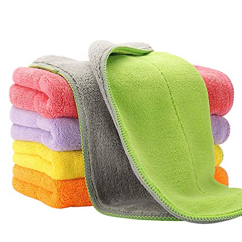 5 Extra Thick Microfiber Cleaning Cloths with 5 Bright Colors, Super Absorbent Dust Cloths Buffing Cloths with Two Color on Two Side for Taskling Any Cleaning Job with Ease