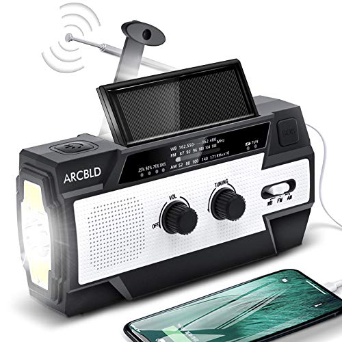 ARCBLD Multifunction Emergency Solar Hand Crank Radio with 4000mAh-Power Bank USB Charger, Portable AM/FM/NOAA Weather Radio,Reading Lamp,3 Gear LED Flashlight,SOS Alarm For Home and Camping Emergency