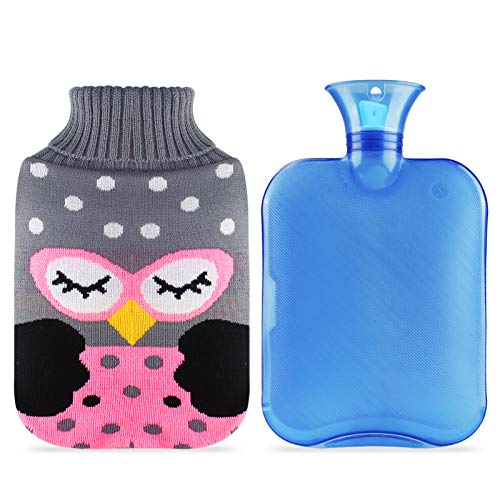 Hot Water Bottle, UBEGOOD 2L Hot Water Bag with Knitted Cover, Classic Transparent Water Bag for Pain Relief, Gift for Women and Girls (Blue & Owl)