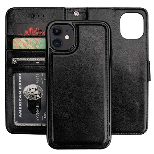 Bocasal iPhone 11 Wallet Case with Card Holder PU Leather Magnetic Detachable Kickstand Shockproof Wrist Strap Removable Flip Cover for iPhone 11 6.1 inch (Black)