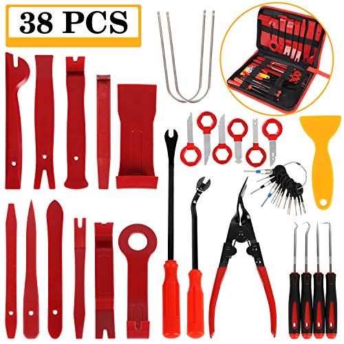 Manfiter 38Pcs Trim Removal Tool, Pry Kit Car Panel Tool Radio Removal Tool Kit, Auto Clip Pliers Fastener Remover Pry Tool Kit, Car Upholstery Repair Kit, Prying Tool Kit with Storage Bag (Red)