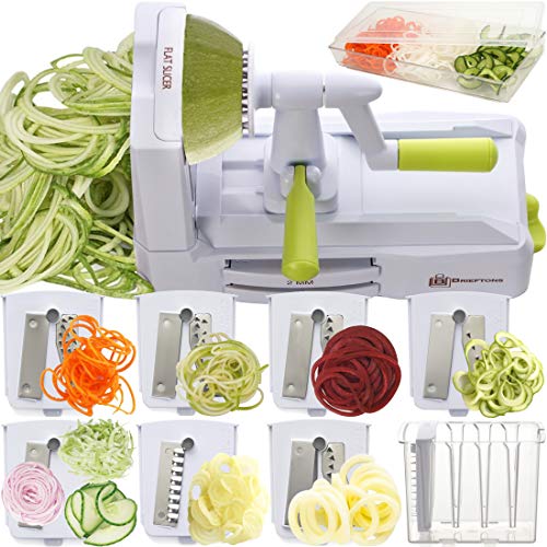 Brieftons 7-Blade Spiralizer: Strongest-and-Heaviest Duty Vegetable Spiral Slicer, Best Veggie Pasta Spaghetti Maker for Low Carb/Paleo/Gluten-Free, With Container, Lid, Blade Caddy & 4 Recipe Ebooks