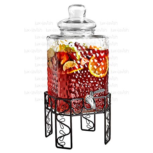 Glass Beverage Dispenser with Stainless Steel Spigot, Stand and Lid - For Iced Tea and Infused Water - Hammered Design, Floral Base - 2.25 Gallon - by Lux 'n Lavish
