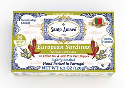 SANTO AMARO European Wild Sardines in Olive Oil & Piri Piri Pepper (12 Pack, 120g Each) Lightly Smoked - HOT AND SPICY! Peri Peri - Natural - Wild Caught - GMO FREE - Hand Packed in PORTUGAL - KETO