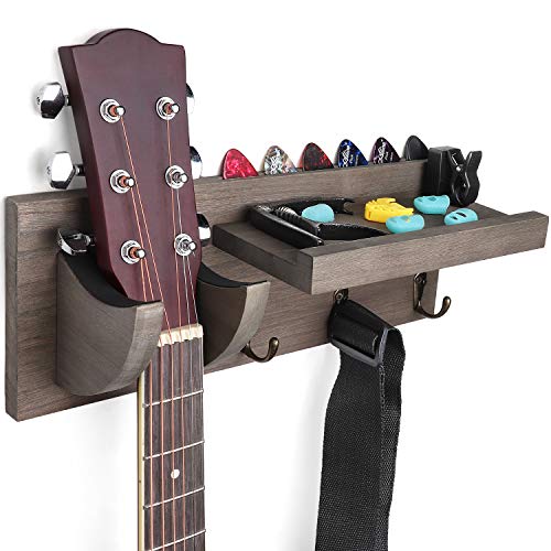 Bikoney Guitar Holder Wall Mount Bracket Hanger Guitar Wood Hanging Rack with Pick Holder and 3 Hook Weathered Grey