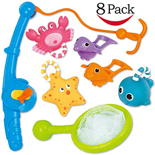 Bath Toy, Fishing Floating Squirts Toy and Water Scoop with Organizer Bag(8 Pack), KarberDark Fish Net Game in Bathtub Bathroom Pool Bath Time for Kids Toddler Baby Boys Girls, Bath Tub Spoon