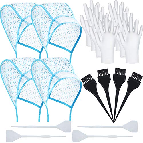 4 Sets Hair Dyeing Cap Tools, Including 4 Pieces Hair Highlighting Caps 4 Pieces Hair Dyeing Hooks, 4 Pieces Hair Coloring Brushes and 4 Pieces Disposable Gloves for Home Salon Styling Kit