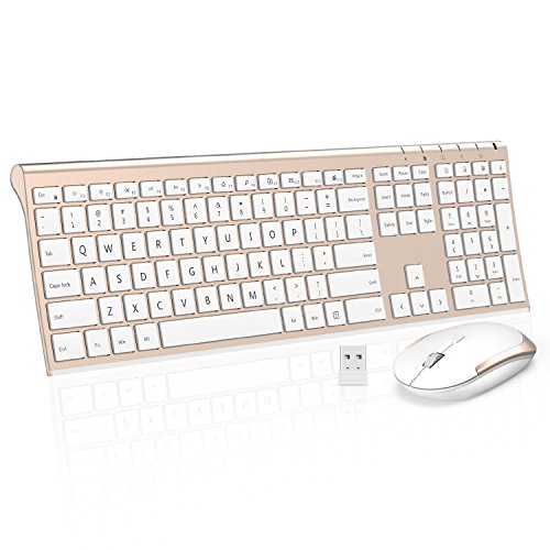 Wireless Keyboard Mouse, Jelly Comb 2.4GHz Ultra Slim Full Size Rechargeable Wireless Keyboard and Mouse Combo for Windows, Laptop, Notebook, PC, Desktop, Computer (White and Gold)
