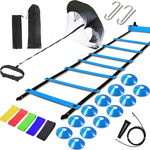 Agility Ladder Speed Training Equipment, Includes 12 Rung Agility Ladder,Running Parachute,Jump Rope,Resistance Bands,12 Resistance Cones for Football,Basketball,Hockey Training Athletes.