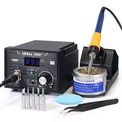 Yihua 939D+ Digital Soldering Station, 75W Equivalent with Precision Temp Control ( 392°F to 896°F) and Built-in Transformer.ESD Safe, Lead Free with °F /°C display. Includes 5 Solder Tips& 3+ Extras