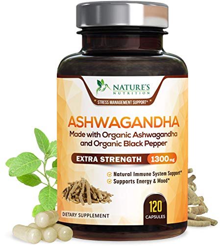 Ashwagandha Capsules 1310mg Organic Ashwagandha Root Powder & Black Pepper Extract, Made in USA, Natural Stress, Adrenal, Mood & Thyroid Support Supplement - Vegan & Non-GMO - 120 Capsules