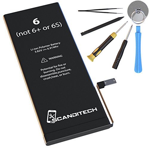 ScandiTech Battery Model iP6 (not 6+ or 6S) - Replacement Kit with Tools, Adhesive & Instructions - New 1810 mAh 0 Cycle Battery - Repair Your Phone in 15 min - 1 Year Warr