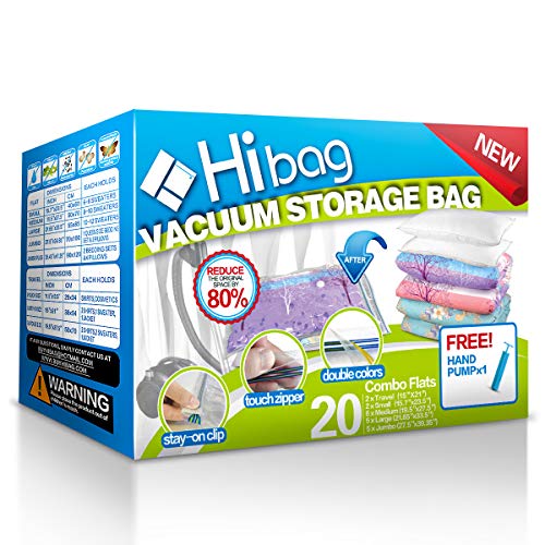 HIBAG Space Saver Bags, 20 Pack Vacuum Storage Bags (6 Medium, 5 Large, 5 Jumbo, 2 Small, 2 Roll Up Bags) with Hand Pump for Bedding, Comforter, Pillows, Towel, Blanket, Clothes